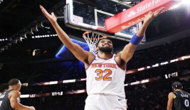 New York Knicks' center Karl-Anthony Towns (32) reacts to a call during the first half of an NBA Cup semifinals basketball game against Orlando Magic, Saturday, Dec. 13, 2025, in Las Vegas. (AP Photo/Ronda Churchill)