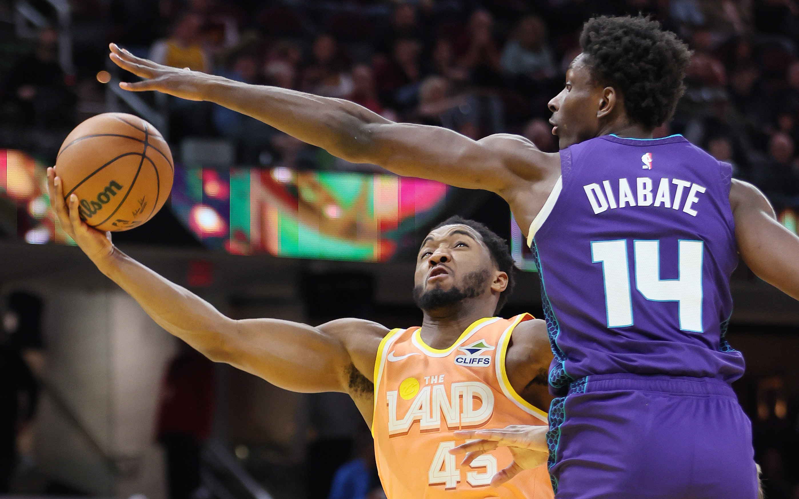 Cleveland Cavaliers guard Donovan Mitchell drives to the basket for a shot attempt guarded by Charlotte Hornets forward Moussa Diabate in the second half at Rocket Arena.