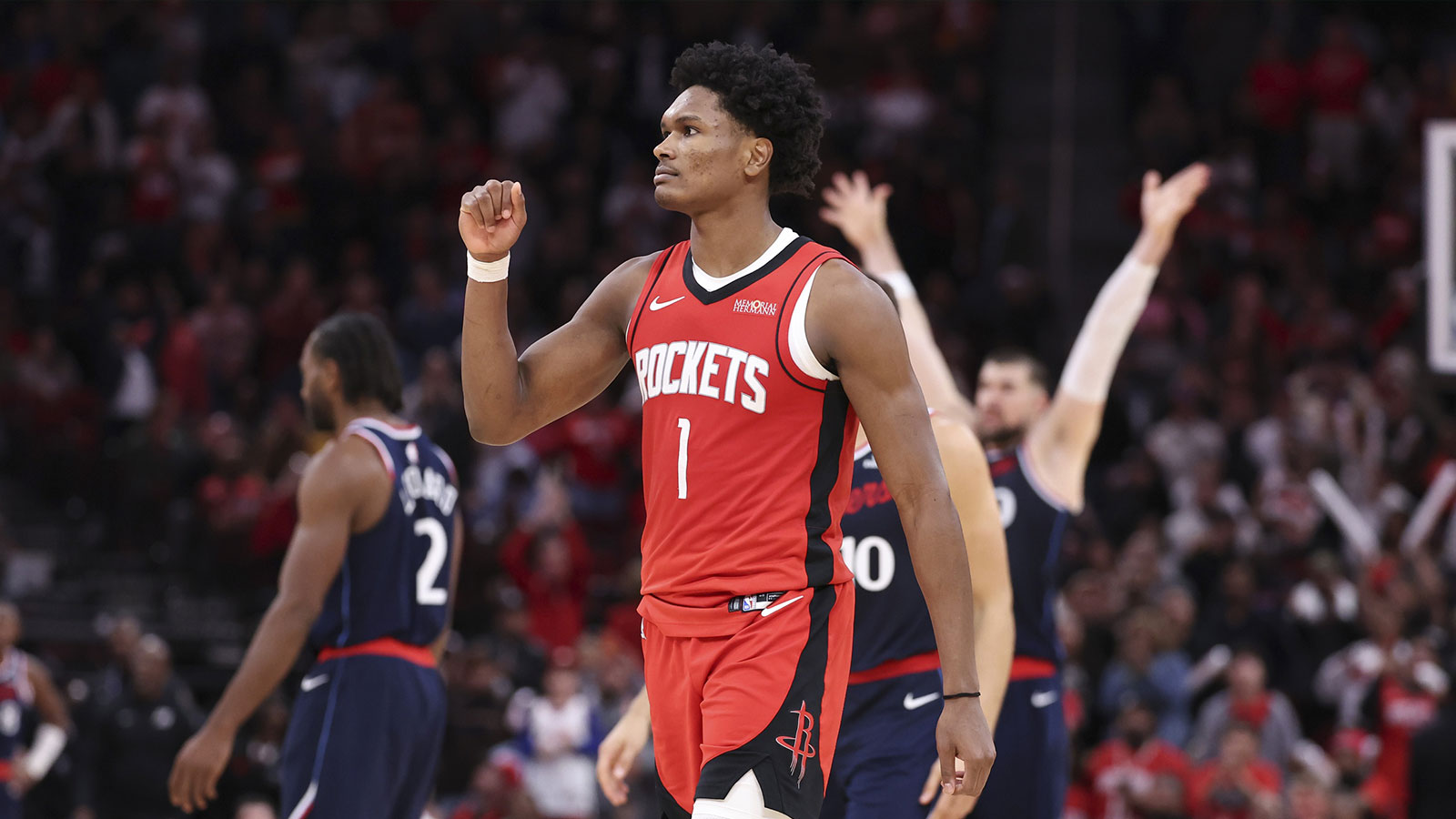 Houston Rockets guard Amen Thompson (1) reacts after a play during the fourth quarter against the Los Angeles Clippers at Toyota Center.