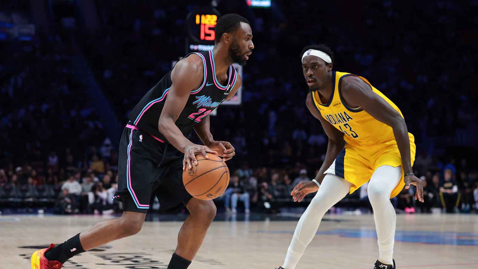  Miami Heat forward Andrew Wiggins (22) drives to the basket against Indiana Pacers forward Pascal Siakam (43) during the second half at Kaseya Center. 