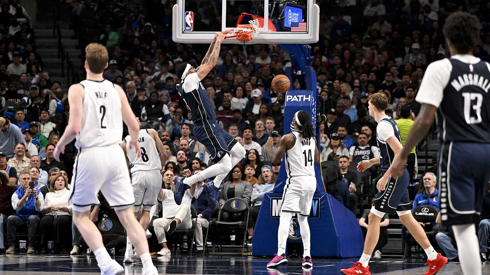 Dallas Mavericks forward Anthony Davis (3) dunks the ball against the Brooklyn Nets during the second half at the American Airlines Center.