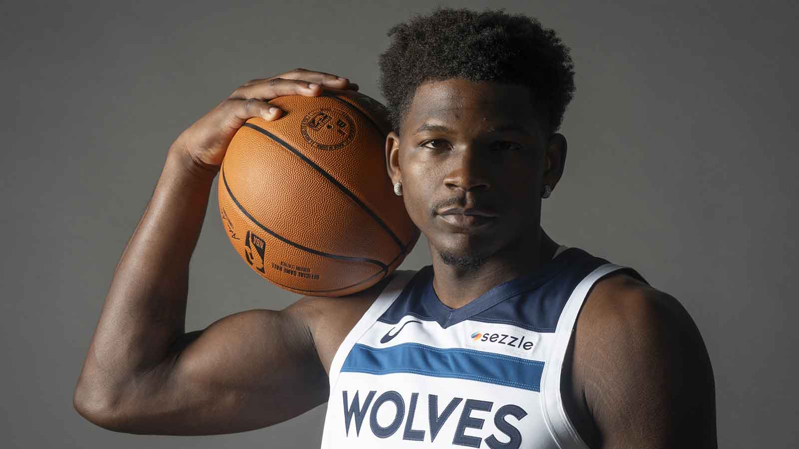 Minnesota Timberwolves guard Anthony Edwards (5) poses for a photograph as part of media day at Target Center. 