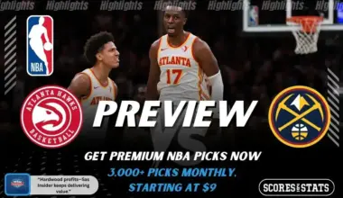 Atlanta Hawks and Denver Nuggets featured in NBA preview graphic ahead of their upcoming matchup.