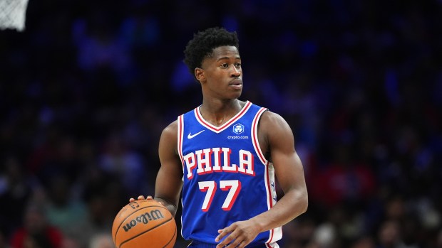 Philadelphia 76ers' VJ Edgecombe plays during an NBA basketball game Monday, Oct. 27, 2025, in Philadelphia. (AP Photo/Matt Slocum)