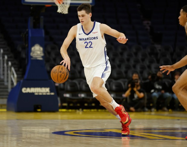 Golden State Warriors' Alex Toohey (22) dribbles against the Miami Heat in the first quarter of their California Classic Summer League game at Chase Center in San Francisco, Calif., on Tuesday, July 8, 2025. (Nhat V. Meyer/Bay Area News Group)