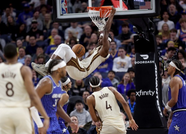Golden State Warriors' Jimmy Butler III #10 dunks in the second half of their NBA game against the Orlando Magic at the Chase Center in San Francisco, Calif., on Monday, Dec. 22, 2025. (Jane Tyska/Bay Area News Group)