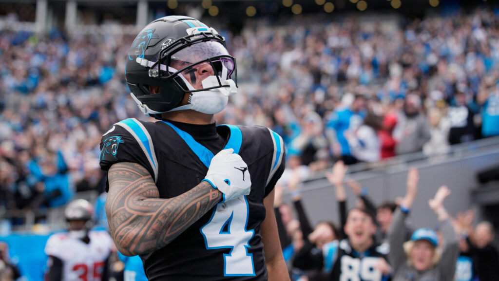 Carolina Panthers wide receiver Tetairoa McMillan celebrates after scoring against the Tampa Bay Buccaneers during the first half of an NFL football game, Sunday, Dec. 21, 2025, in Charlotte, N.C. (AP Photo/Jacob Kupferman)<br>Credit: ASSOCIATED PRESS