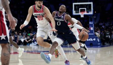 Tyrese Maxey (right) led the Sixers with 35 points against the Wizards.