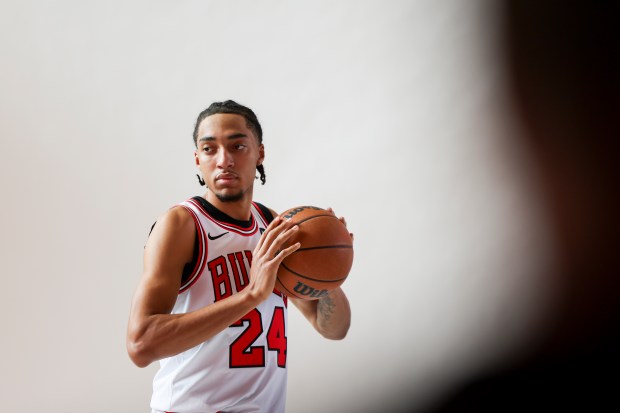 Chicago Bulls forward Noa Essengue poses for photos during Chicago Bulls media day at the United Center on Monday, Sept. 29, 2025. (Eileen T. Meslar/Chicago Tribune)