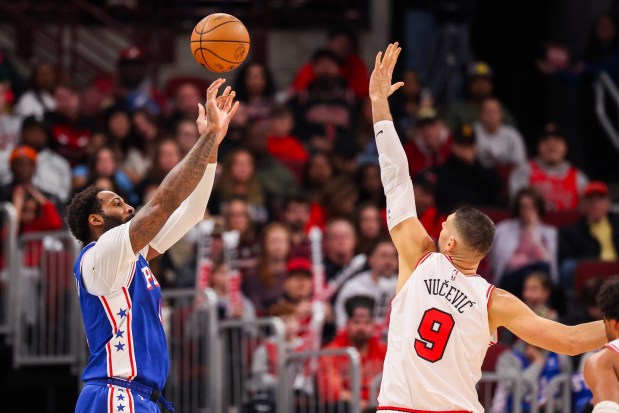 Philadelphia 76ers center Andre Drummond (1) shoots and misses in the second quarter during a game against the Bulls, Friday, Dec. 26, 2025, at the United Center in Chicago. (Dominic Di Palermo/Chicago Tribune)