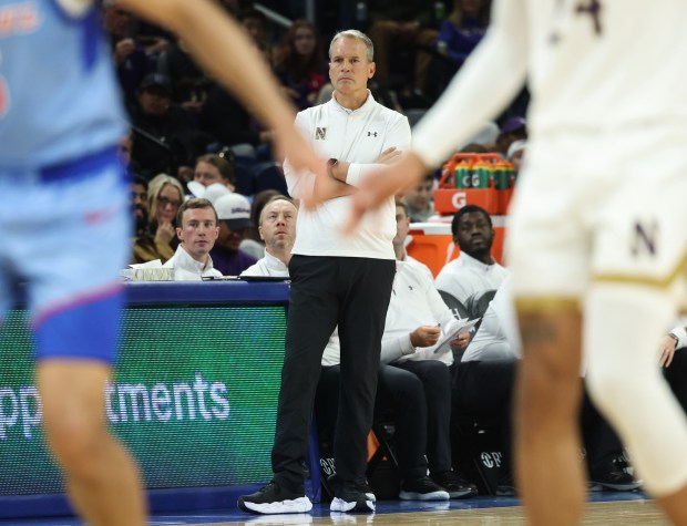 Northwestern head coach Chris Collins watches in the first half against DePaul at Wintrust Arena on Nov. 14, 2025, in Chicago. (John J. Kim/Chicago Tribune)