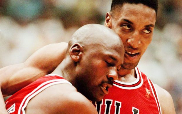 Bulls forward Scottie Pippen assists Michael Jordan off the court for a timeout during Game 5 of the NBA Finals against the Jazz on June 11, 1997, in Salt Lake City. (Nuccio DiNuzzo/Chicago Tribune)