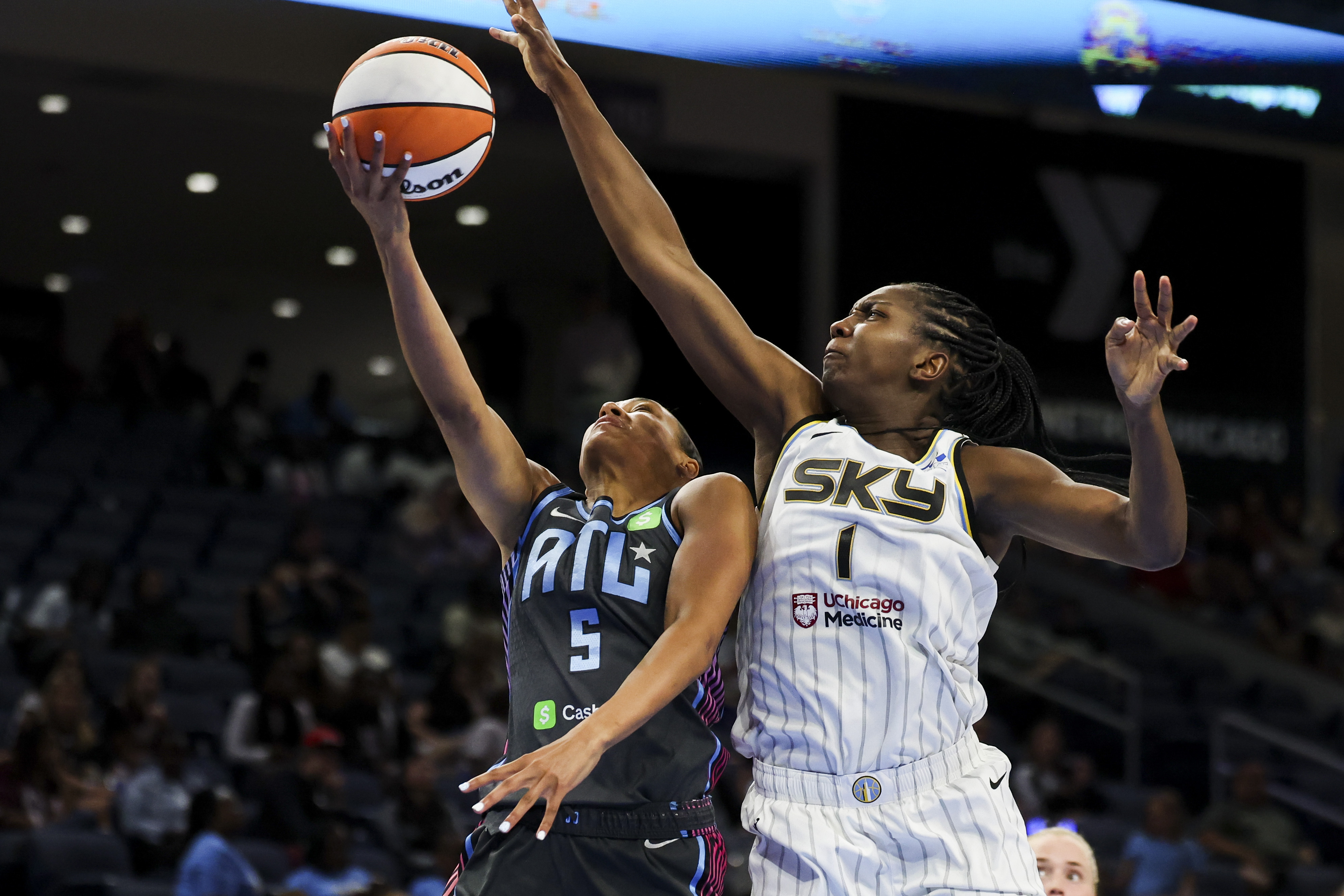 Chicago Sky center Elizabeth Williams (1) blocks Atlanta Dream forward...