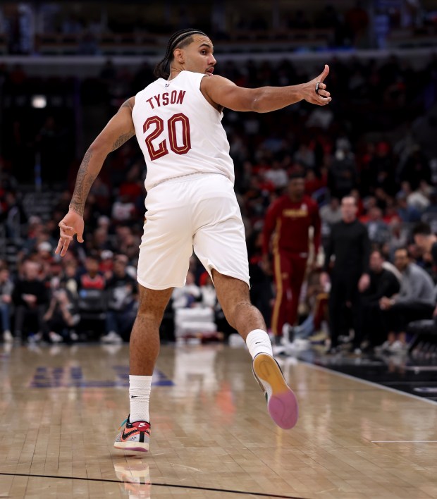 Cleveland Cavaliers guard/forward Jaylon Tyson (20) celebrates after hitting a 3-pointer in the first half of a game against the Chicago Bulls at the United Center in Chicago on Dec. 17, 2025. (Chris Sweda/Chicago Tribune)