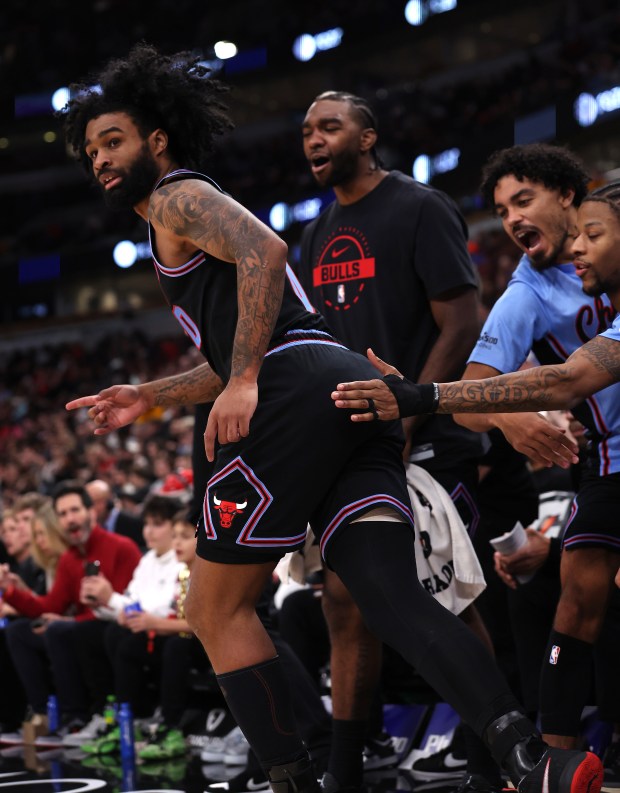 Chicago Bulls guard Coby White (0) heads down the court after hitting a 3-pointer in the second half of a game against the Cleveland Cavaliers at the United Center in Chicago on Dec. 17, 2025. (Chris Sweda/Chicago Tribune)