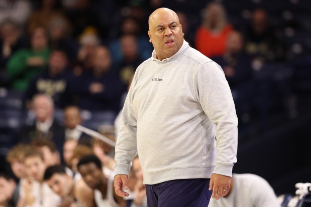 Head coach Micah Shrewsberry of the Notre Dame Fighting Irish looks on against the Missouri Tigers on Dec. 2, 2025, in South Bend, Indiana. (Michael Reaves/Getty Images)