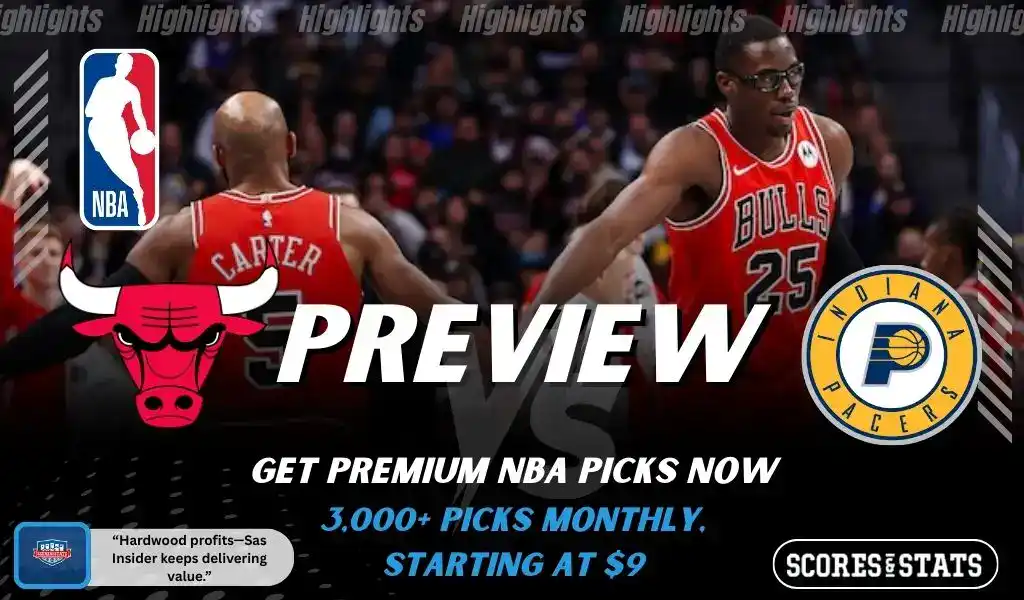 Chicago Bulls and Indiana Pacers featured in NBA preview graphic ahead of their upcoming matchup.