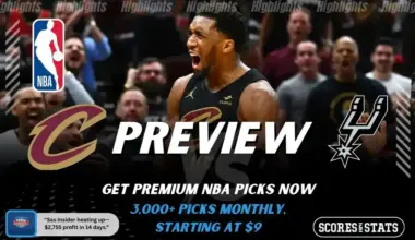 Cleveland Cavaliers and San Antonio Spurs featured in NBA preview graphic ahead of their upcoming matchup.