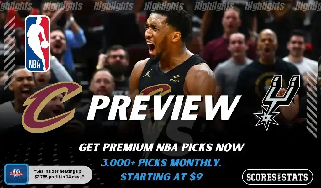 Cleveland Cavaliers and San Antonio Spurs featured in NBA preview graphic ahead of their upcoming matchup.