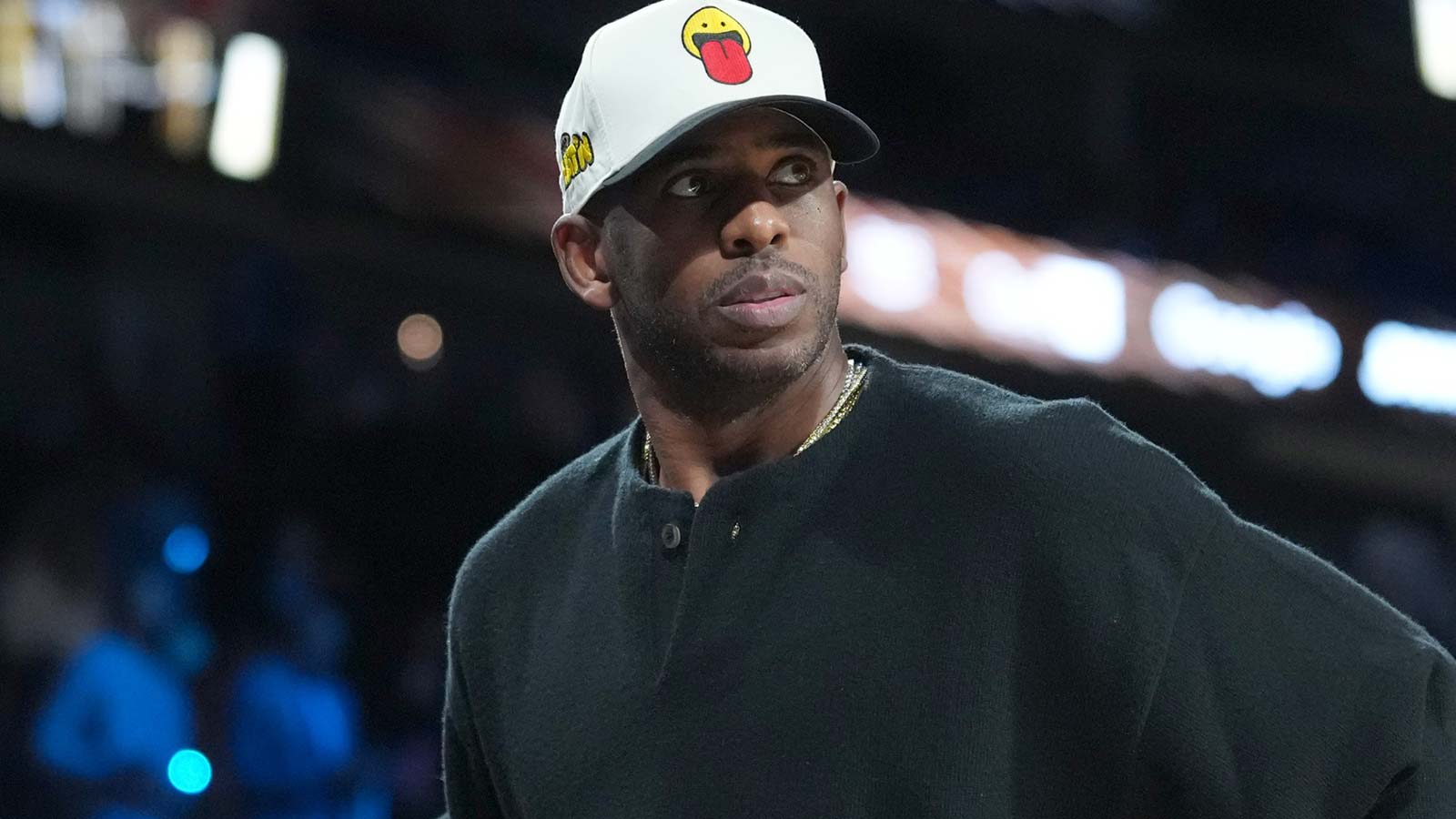 Chris Paul watches during the Emirates NBA Cup semifinals game between the San Antonio Spurs and Oklahoma City Thunder at T-Mobile Arena
