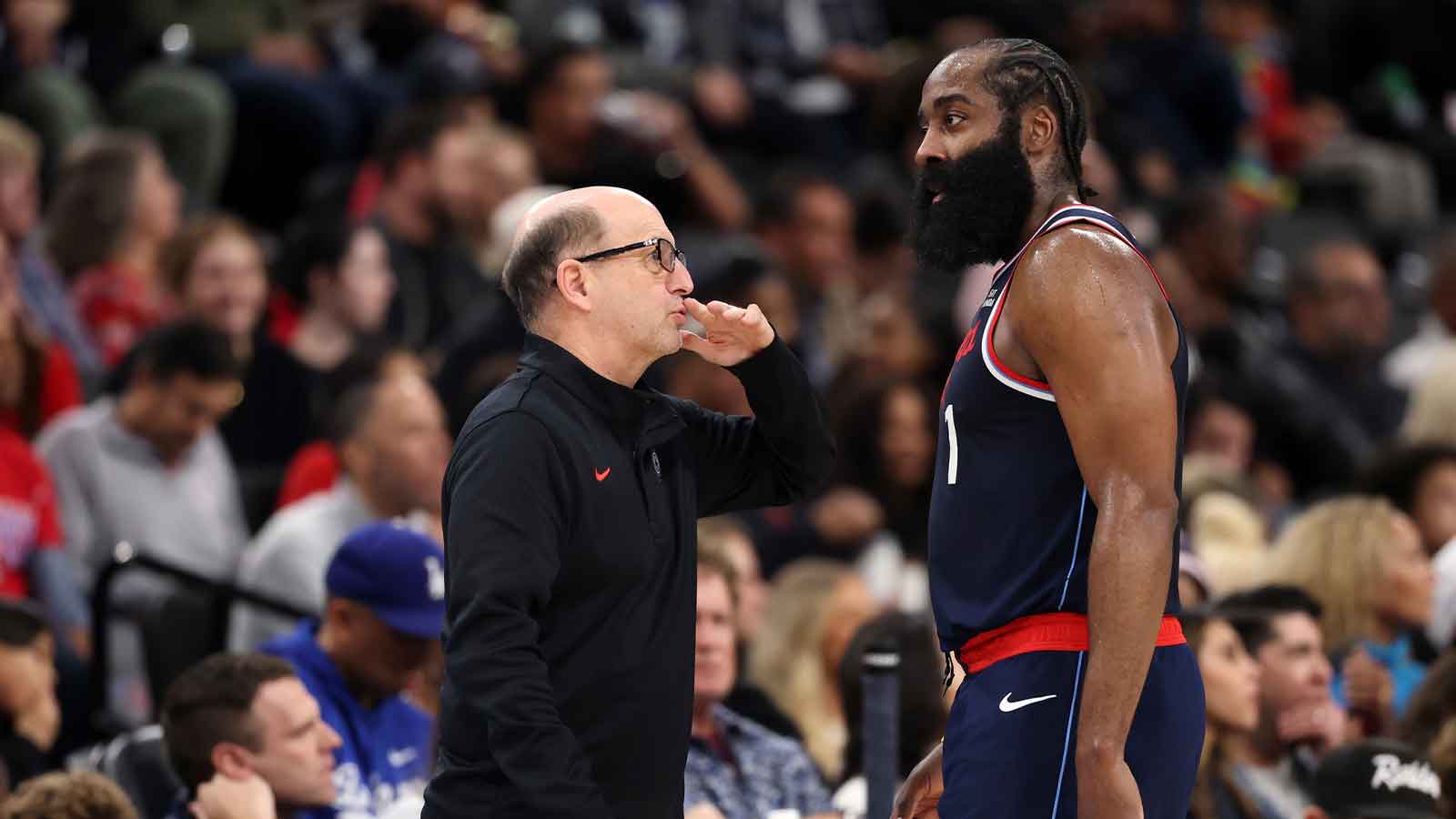 Clippers Lead Assistant Coach Jeff van Gundy (left) talks to guard James Harden (1) during the third quarter against the Memphis Grizzlies at Intuit Dome