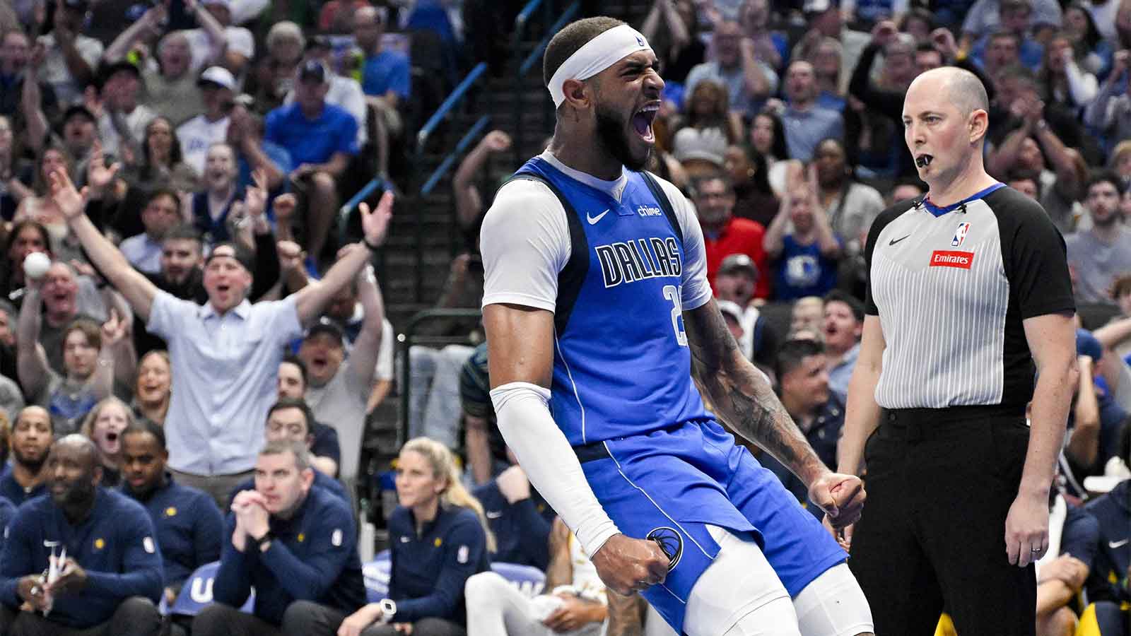 Dallas Mavericks center Daniel Gafford (21) celebrates making a dunk against the Indiana Pacers during the second quarter at the American Airlines Center.