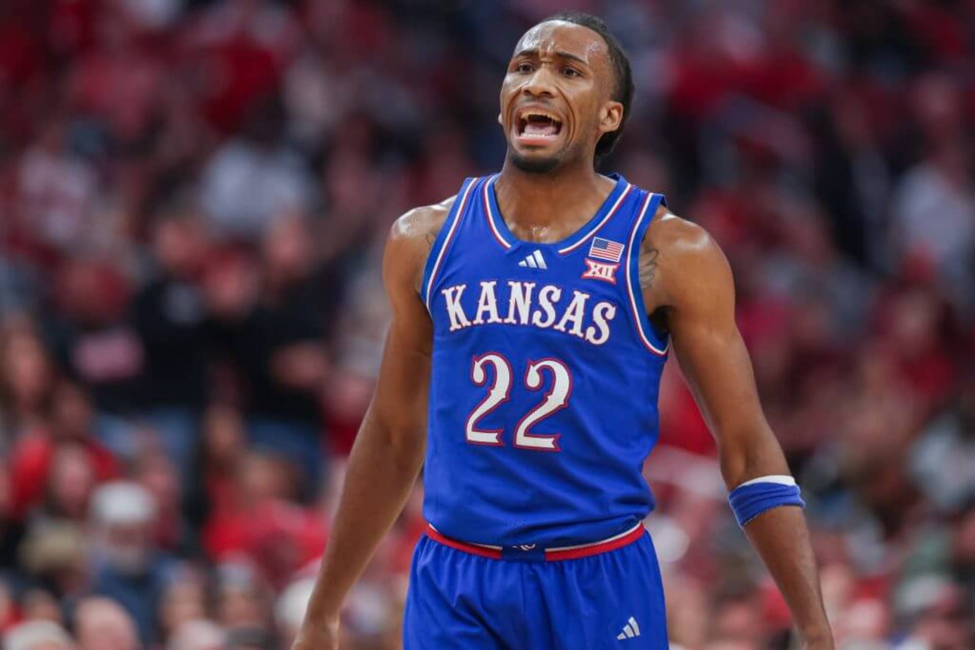 Kansas' Darryn Peterson yells during an NCAA exhibition basketball game against Louisville.