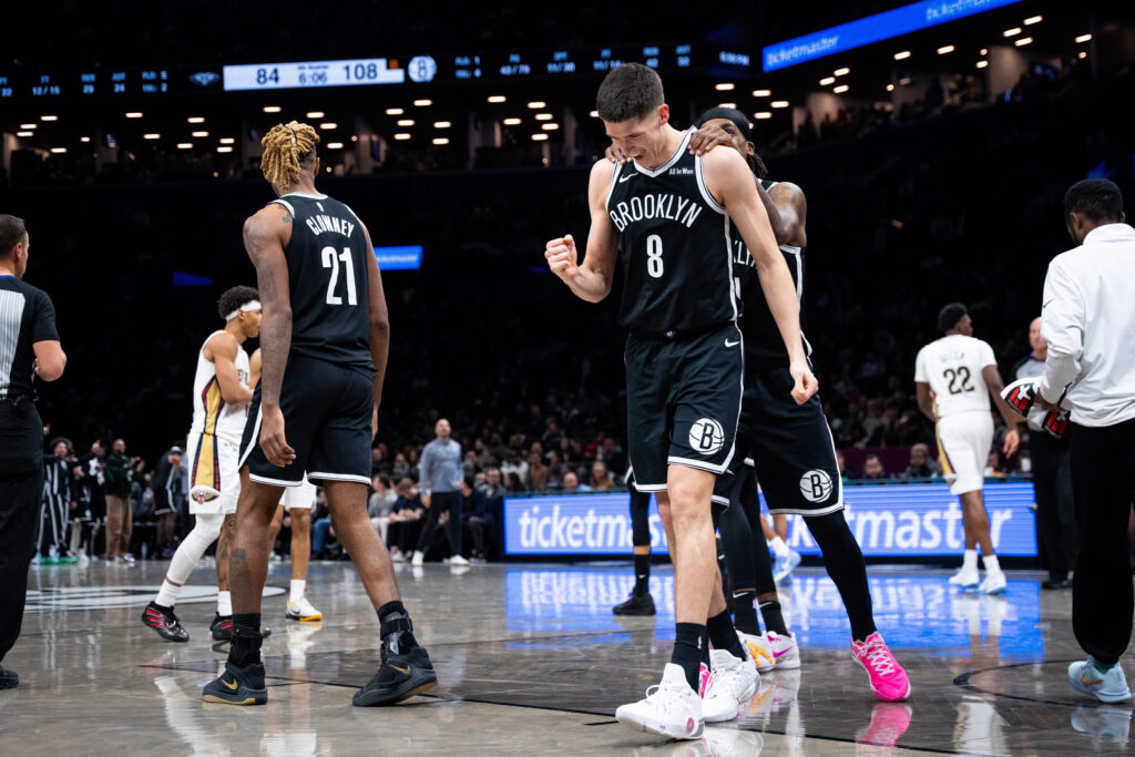 Brooklyn Nets guard Egor Demin (8) celebrates a foul call against the New Orleans Pelicans during the second half of an NBA basketball game, Saturday, Dec. 6, 2025, in New York. (AP Photo/Angelina Katsanis)