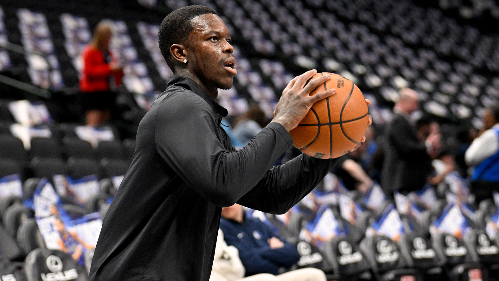 Detroit Pistons guard Dennis Schroder (17) warms up before the game between the Dallas Mavericks and the Detroit Pistons at the American Airlines Center. 