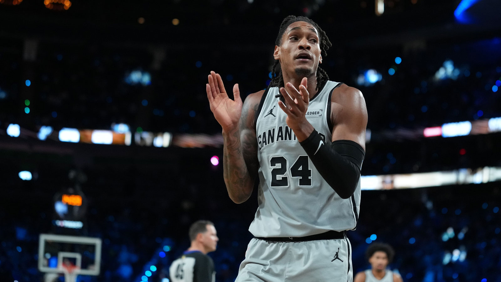 San Antonio Spurs guard Devin Vassell (24) reacts during the second quarter against the Oklahoma City Thunder at T-Mobile Arena. 