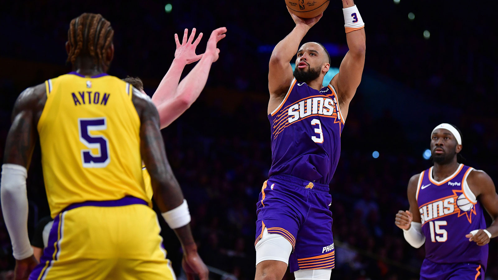 Phoenix Suns forward Dillon Brooks (3) shoots against the Los Angeles Lakers during the first half at Crypto.com Arena.