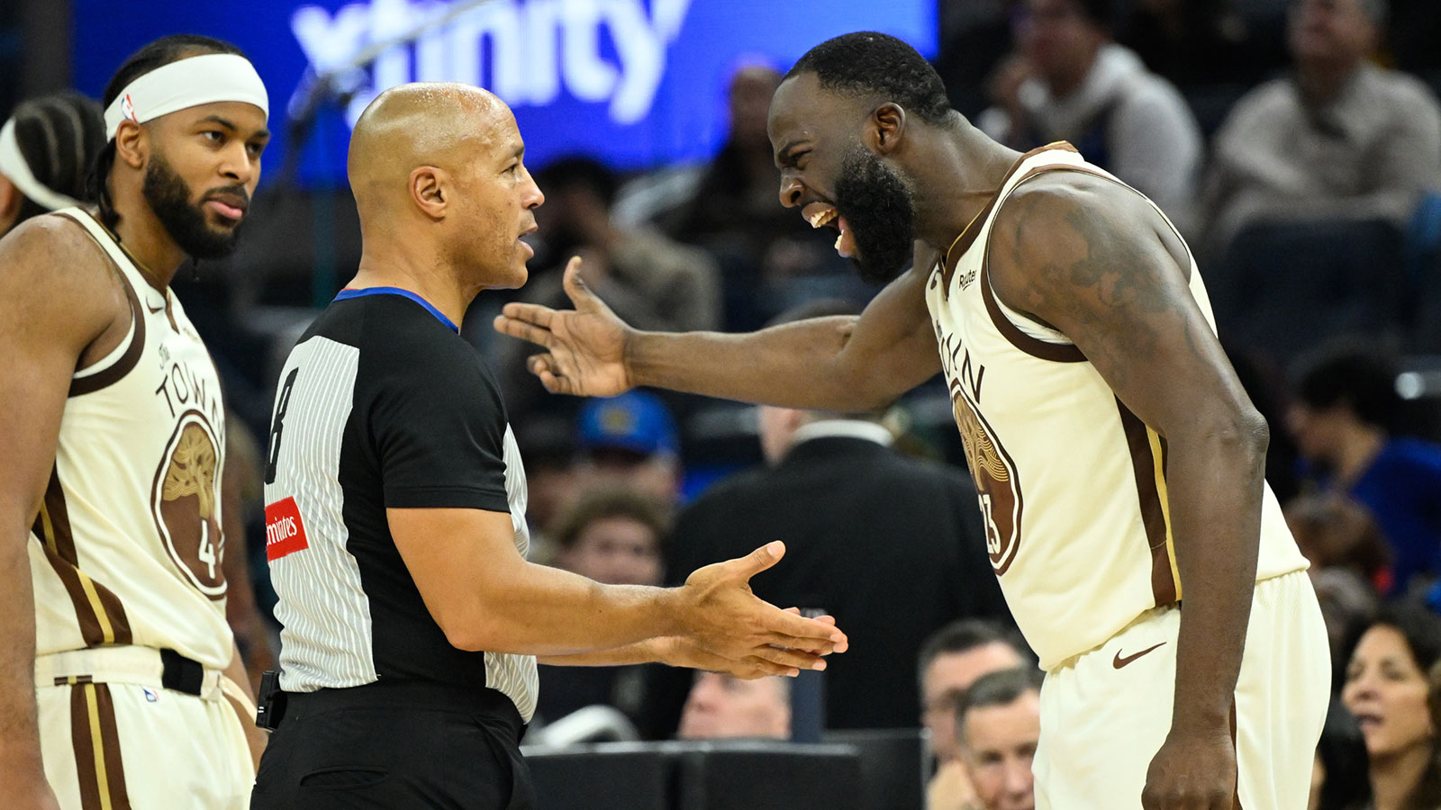 Golden State Warriors forward Draymond Green (23) argues with an official against the Orlando Magic in the second quarter at Chase Center.