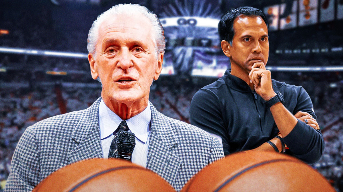 Miami Heat head coach Erik Spoelstra and Pat Riley in front of Kaseya Center.