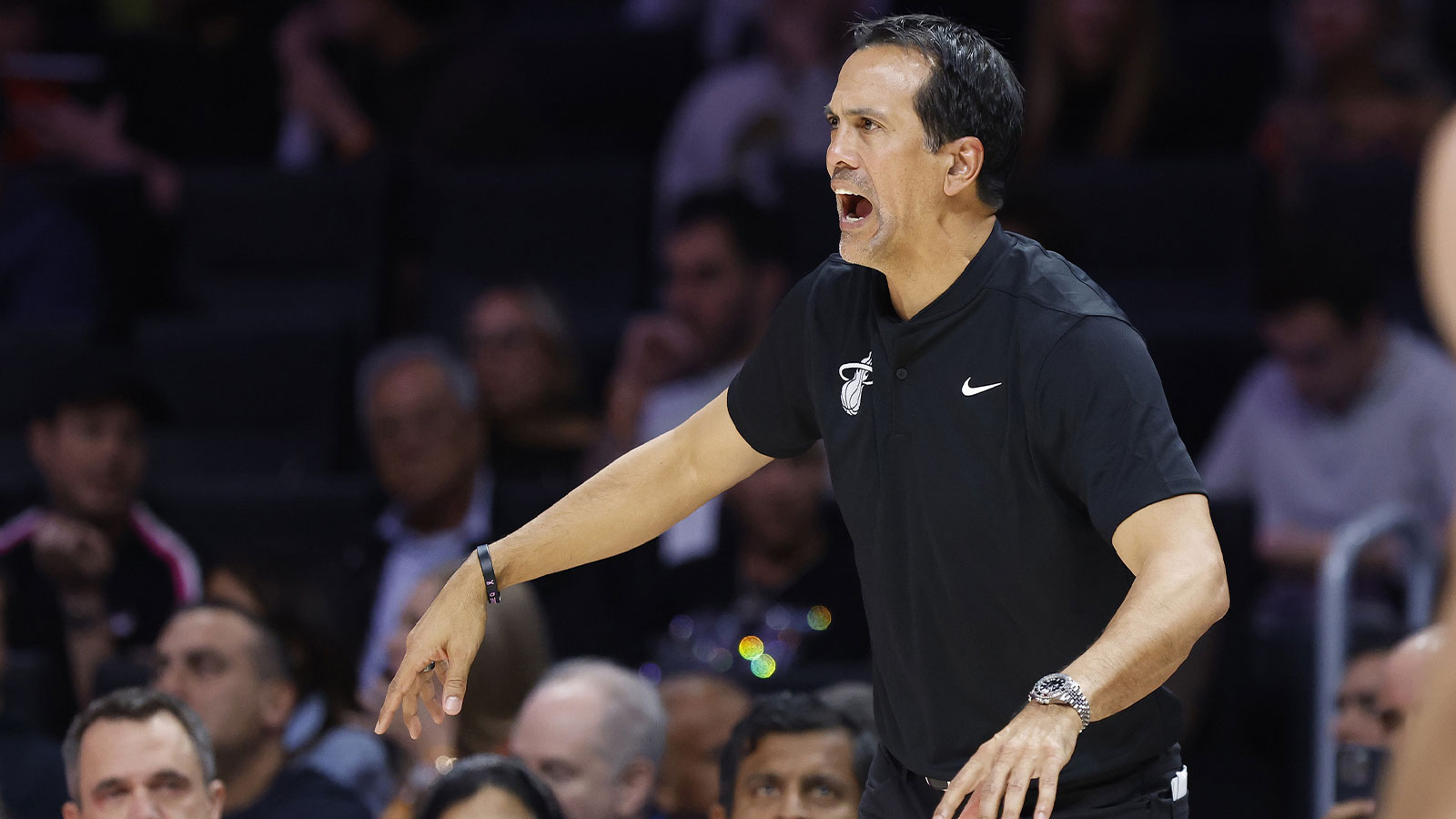 Miami Heat head coach Erik Spoelstra reacts against the Sacramento Kings during the second half at Kaseya Center.