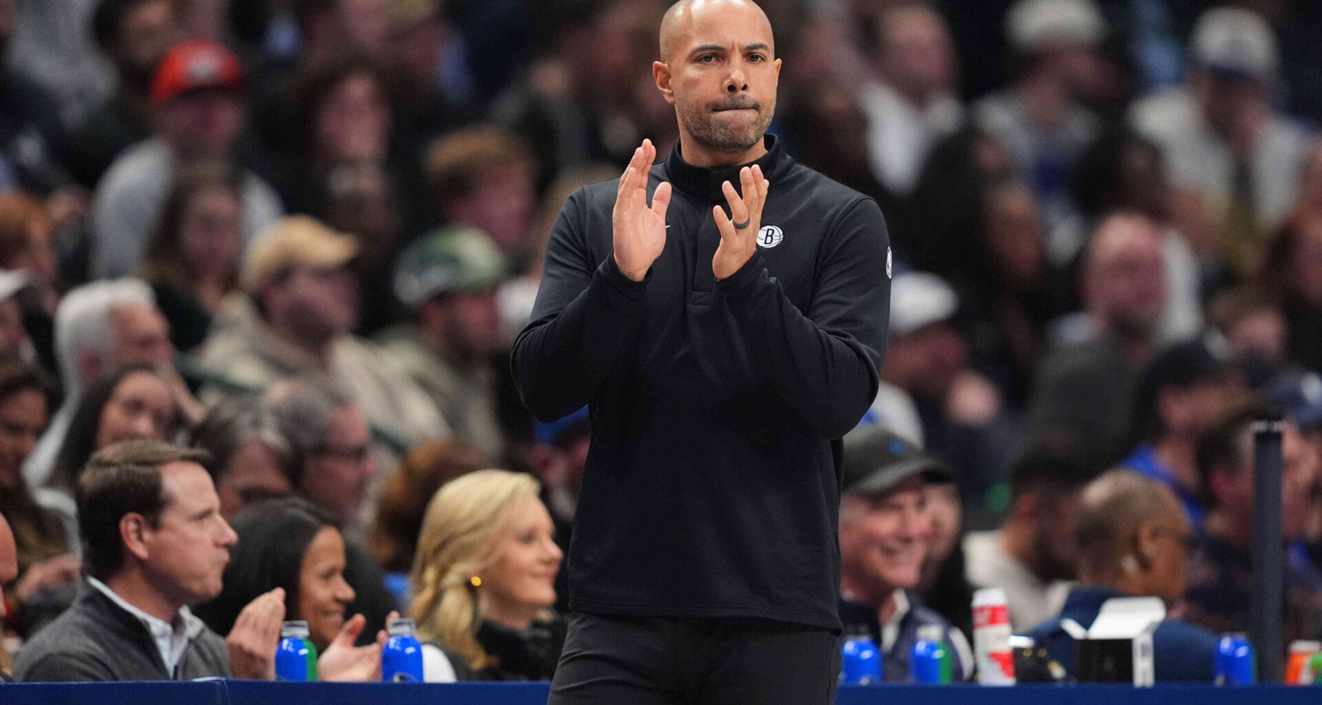 Brooklyn Nets head coach Jordi Fernandez watches play during an NBA basketball game against the Dallas Mavericks in Dallas, Friday, Dec. 12, 2025. (AP Photo/Tony Gutierrez)