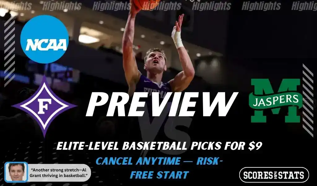 Furman Paladins vs Manhattan Jaspers NCAA basketball game preview image showing Furman player attempting a layup with team logos displayed