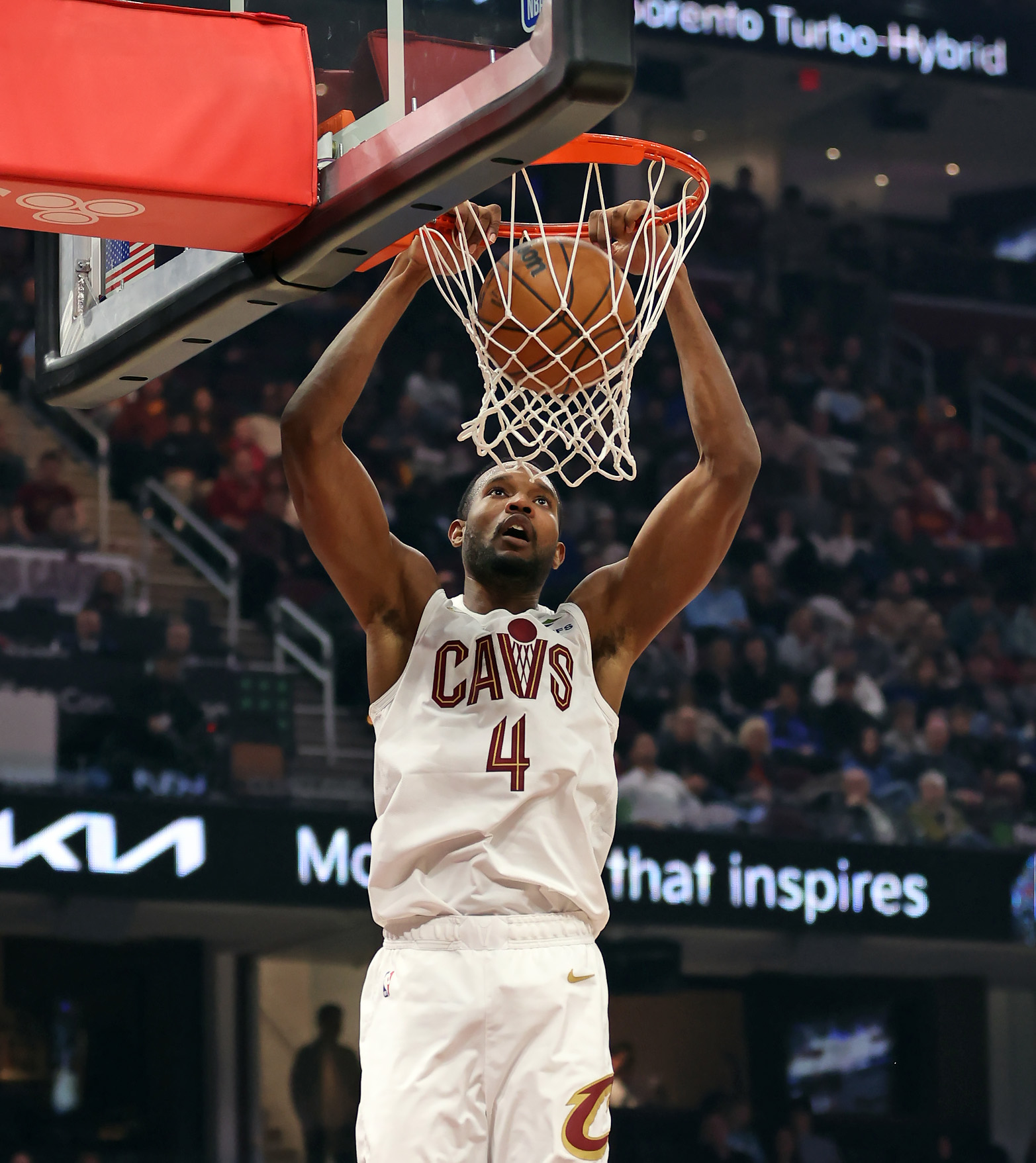 Cleveland Cavaliers center Evan Mobley hammers down a dunk against the Portland Trail Blazers in the first half of play. 