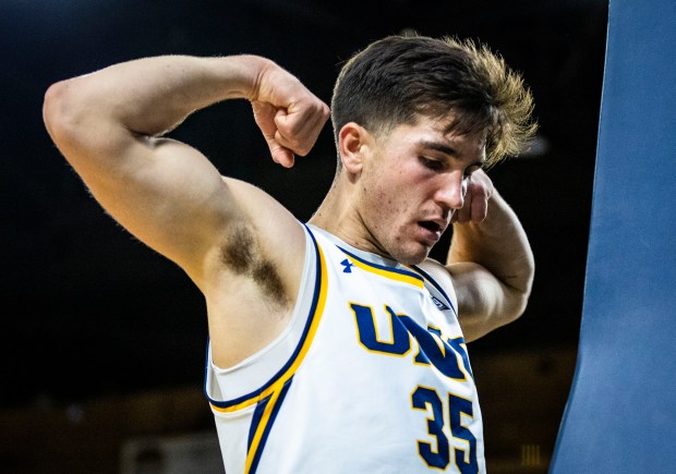 Northern Colorado guard Quinn Denker (35) celebrates after dunking the ball during a college basketball game against Colorado College at the Bank of Colorado Arena on the campus of the University of Northern Colorado in Greeley on Monday, Nov. 3, 2025. (Brice Tucker/Staff Photographer)