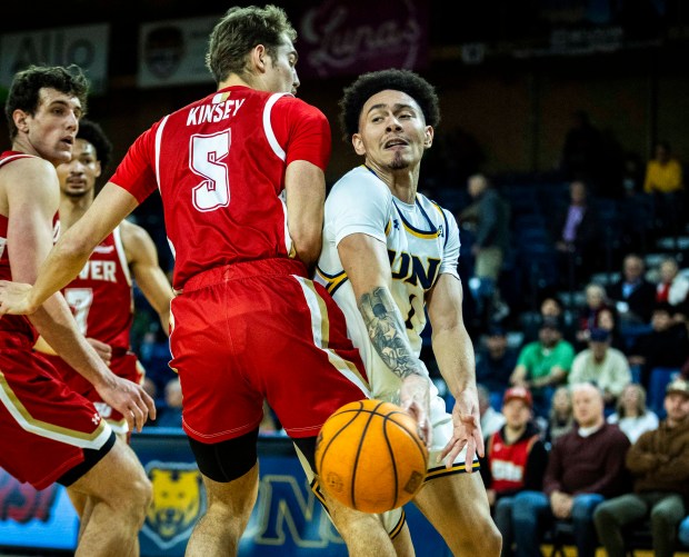 Northern Colorado Bears guard Vincent Delano (1) passes the ball during a college basketball game against the Denver Pioneers at Bank of Colorado Arena on the campus of the University of Northern Colorado in Greeley on Saturday, Dec. 20, 2025. (Brice Tucker/Staff Photographer)