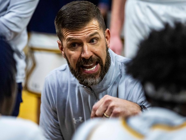 Northern Colorado Bears head coach Steve Smiley talks to his team in a time out during a college basketball game against the Denver Pioneers at Bank of Colorado Arena on the campus of the University of Northern Colorado in Greeley on Saturday, Dec. 20, 2025. (Brice Tucker/Staff Photographer)