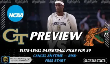 College basketball preview graphic featuring Georgia Tech Yellow Jackets and Florida A and M Rattlers logos with a Georgia Tech player on the court and the word preview across the center
