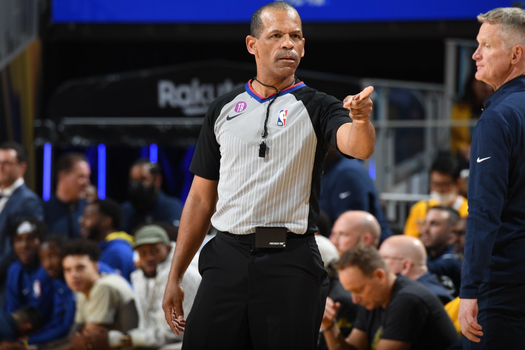 Referee Eric Lewis #42 looks on during the game between the Los Angeles Lakers and the Golden State Warriors during the Western Conference Semi Finals of the 2023 NBA Playoffs on May 4, 2023