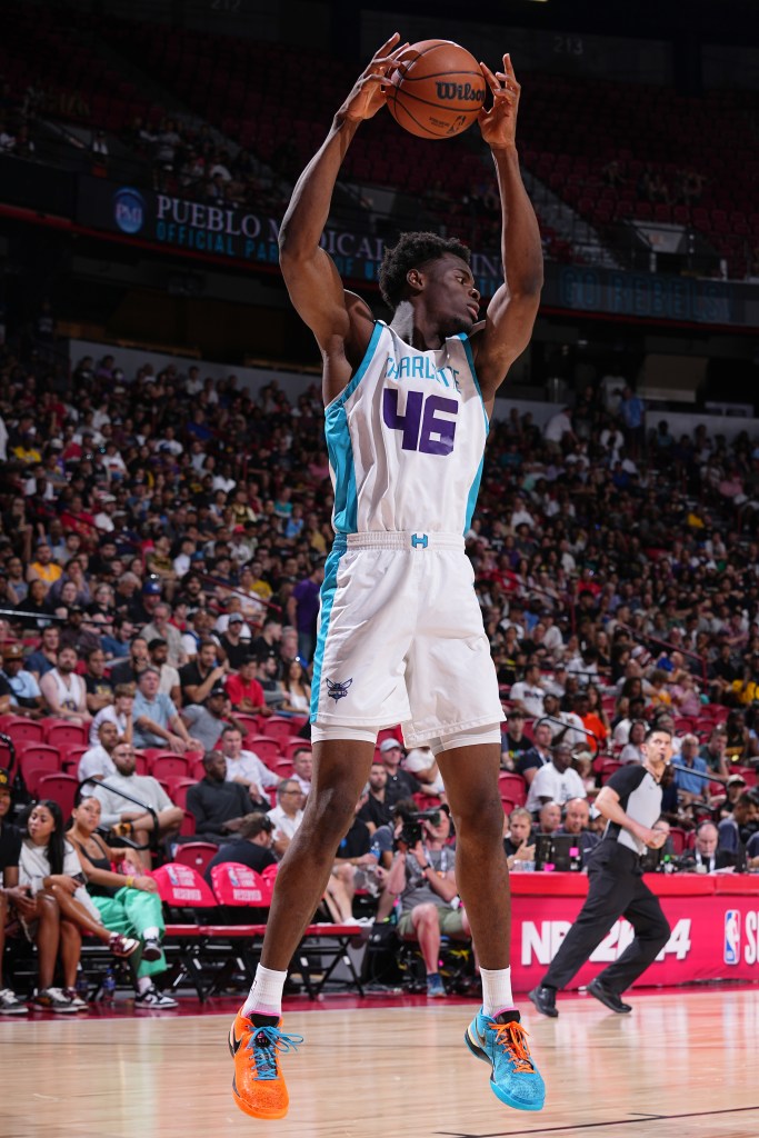 James Nnaji #46 of the Charlotte Hornets rebounds the ball during the game against the Los Angeles Lakers during the 2023 NBA Las Vegas Summer League on July 9, 2023 at the Thomas & Mack Center in Las Vegas, Nevada.