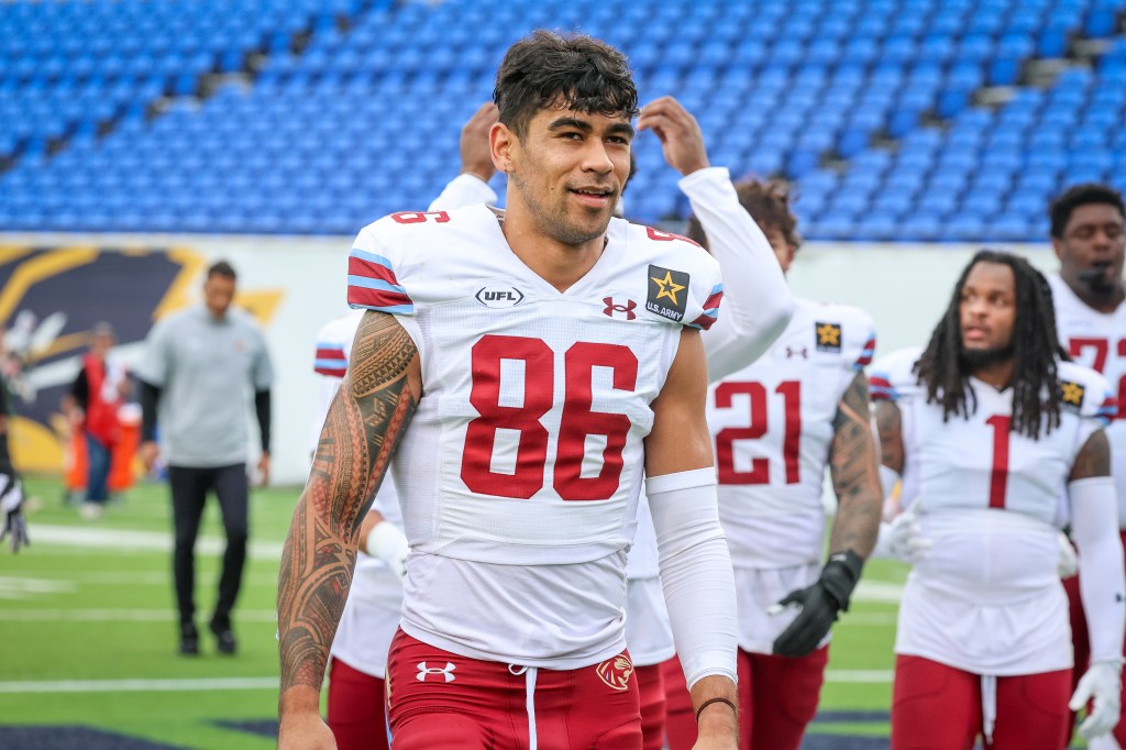 Samson Nacua #86 of the Michigan Panthers during the second quarter against the Memphis Showboats at Simmons Bank Liberty Stadium on April 28, 2024 in Memphis, Tennessee.