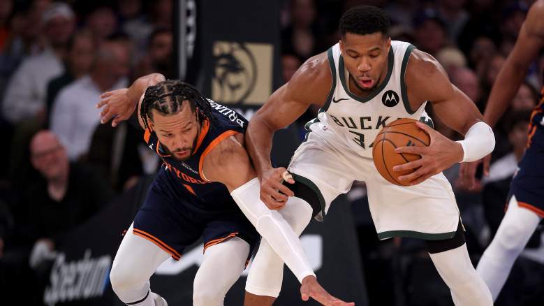 New York Knicks guard Jalen Brunson defended by Milwaukee Bucks forward Giannis Antetokounmpo
