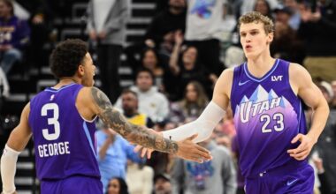 Lauri Markkanen #23 and Keyonte George #3 of the Utah Jazz