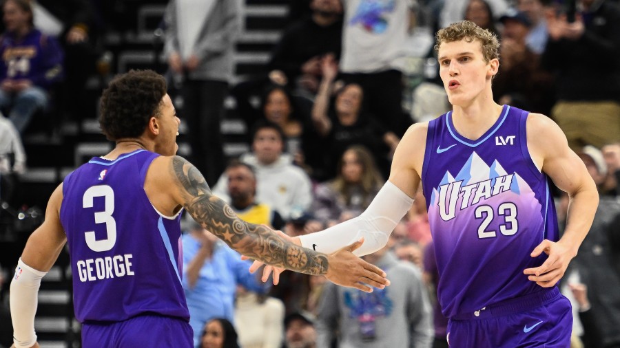 Lauri Markkanen #23 and Keyonte George #3 of the Utah Jazz