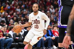 CLEVELAND, OHIO - APRIL 06: Darius Garland #10 of the Cleveland Cavaliers drives to the basket during the third quarter against the Sacramento Kings at Rocket Arena on April 06, 2025 in Cleveland, Ohio. The Kings defeated the Cavaliers 120-113. NOTE TO USER: User expressly acknowledges and agrees that, by downloading and or using this photograph, User is consenting to the terms and conditions of the Getty Images License Agreement. (Photo by Jason Miller/Getty Images)