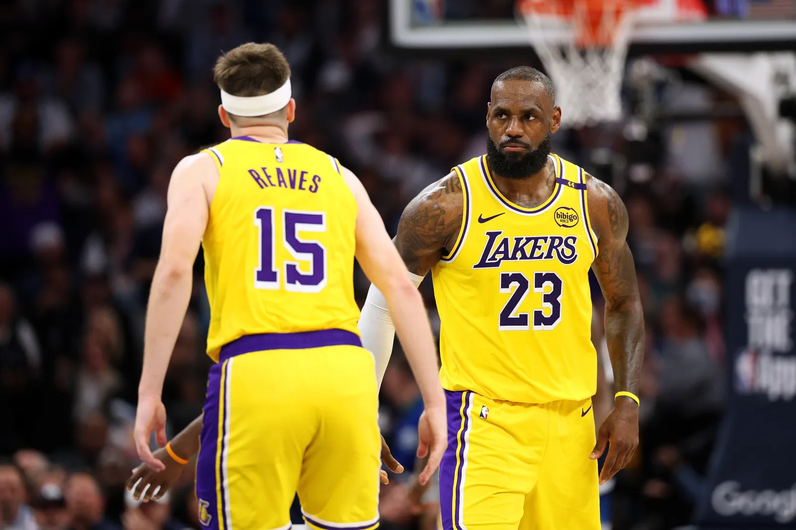 Lakers teammates Austin Reaves and LeBron James against Timberwolves