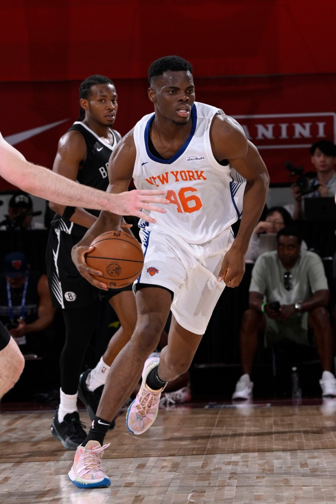 James Nnaji #46 of the New York Knicks dribbles the ball during the game against the Brooklyn Nets during the 2025 NBA Summer League game on July 15, 2025 at the Pavilion in Las Vegas, Nevada. 